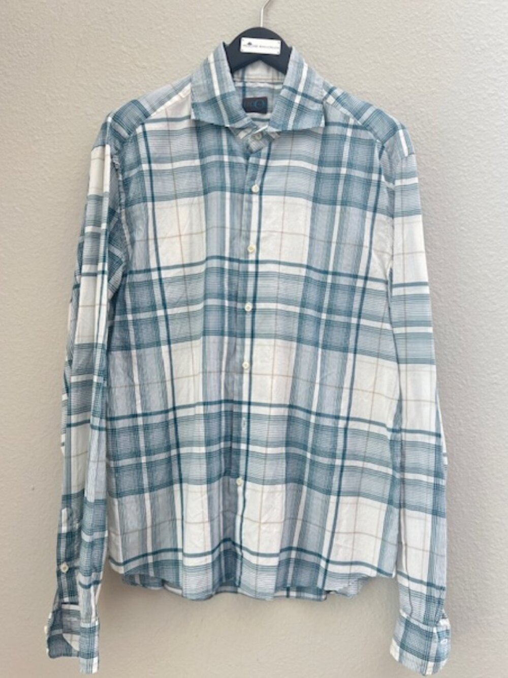 Eidos Napoli Shirt Mens 17/43 White Blue Button Up Cotton Blend Plaid Italy
